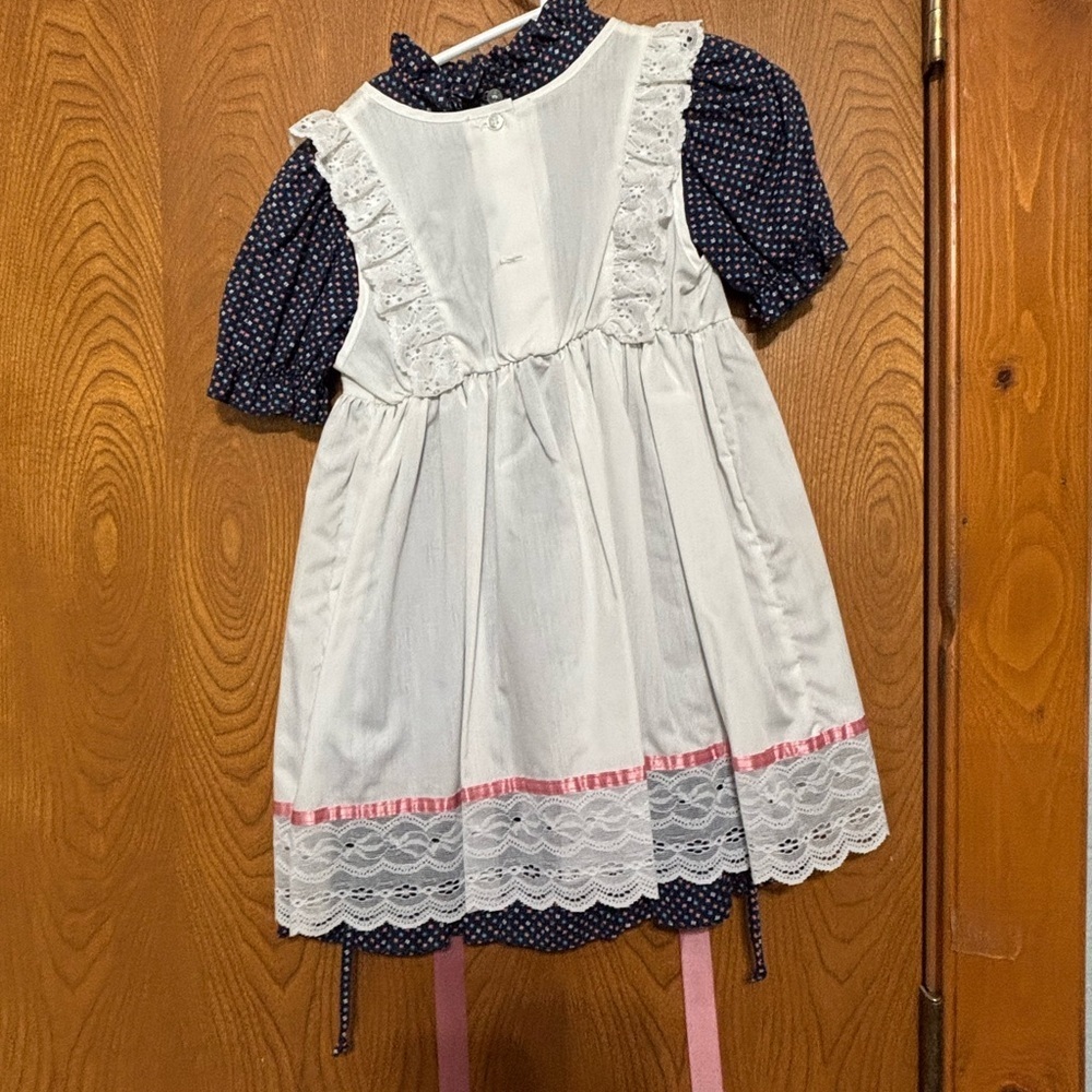 Vintage White and Pink Embroidered Pinafore & Dress with Blue Polka Dots - Picture 2 of 3